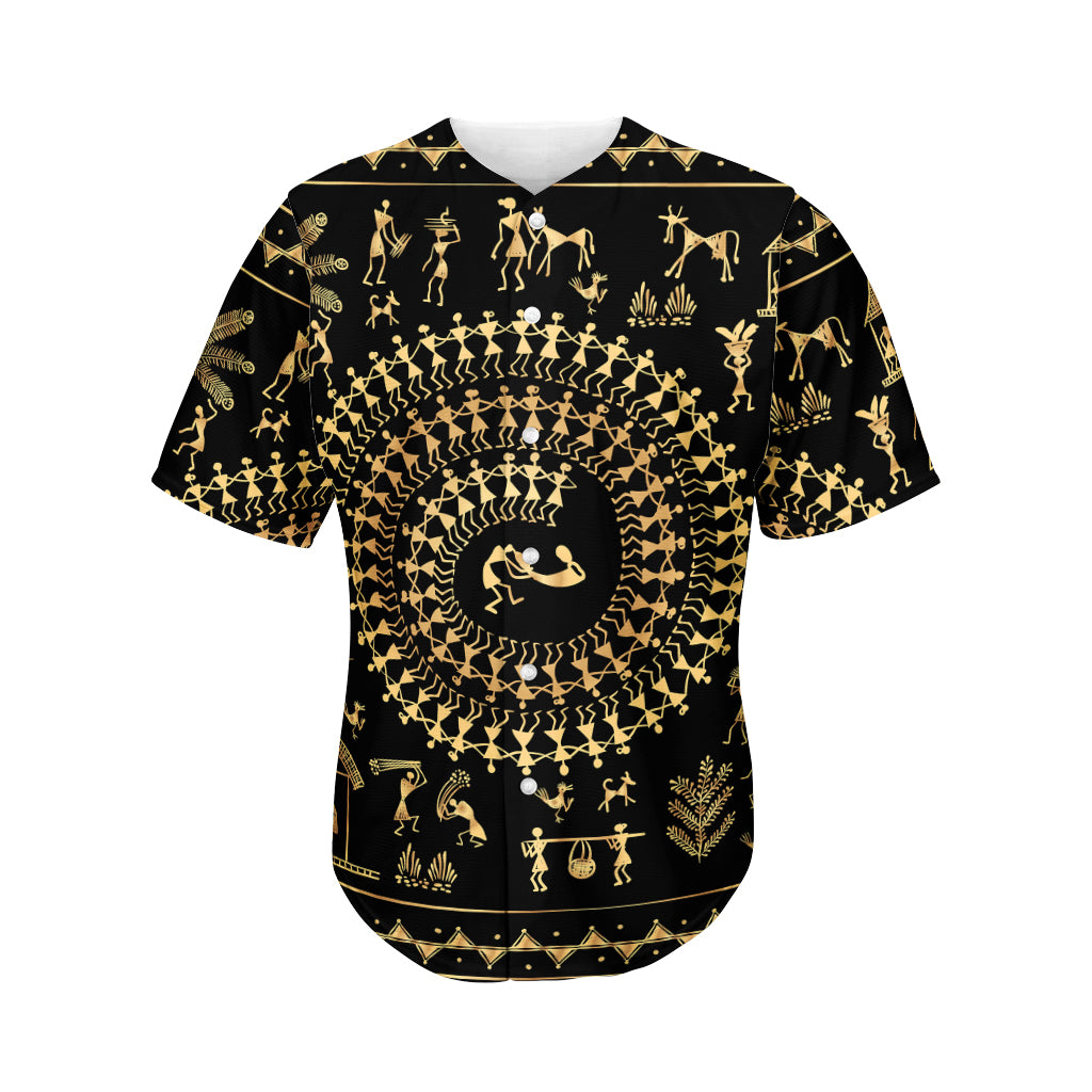 Black And Gold Warli Tribal Print Men's Baseball Jersey