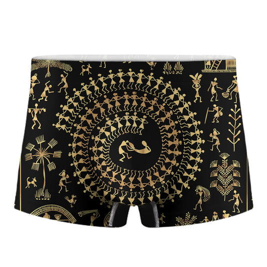 Black And Gold Warli Tribal Print Men's Boxer Briefs