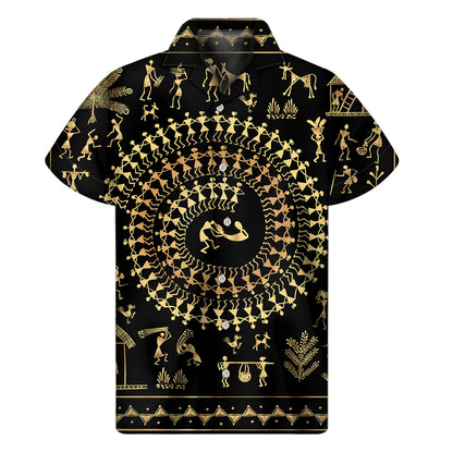 Black And Gold Warli Tribal Print Men's Short Sleeve Shirt