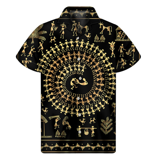 Black And Gold Warli Tribal Print Men's Short Sleeve Shirt