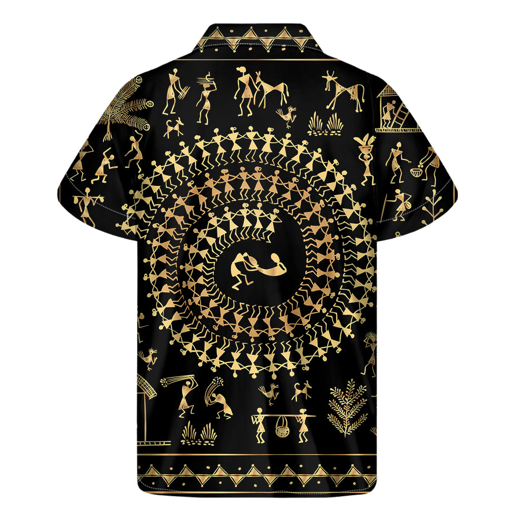 Black And Gold Warli Tribal Print Men's Short Sleeve Shirt