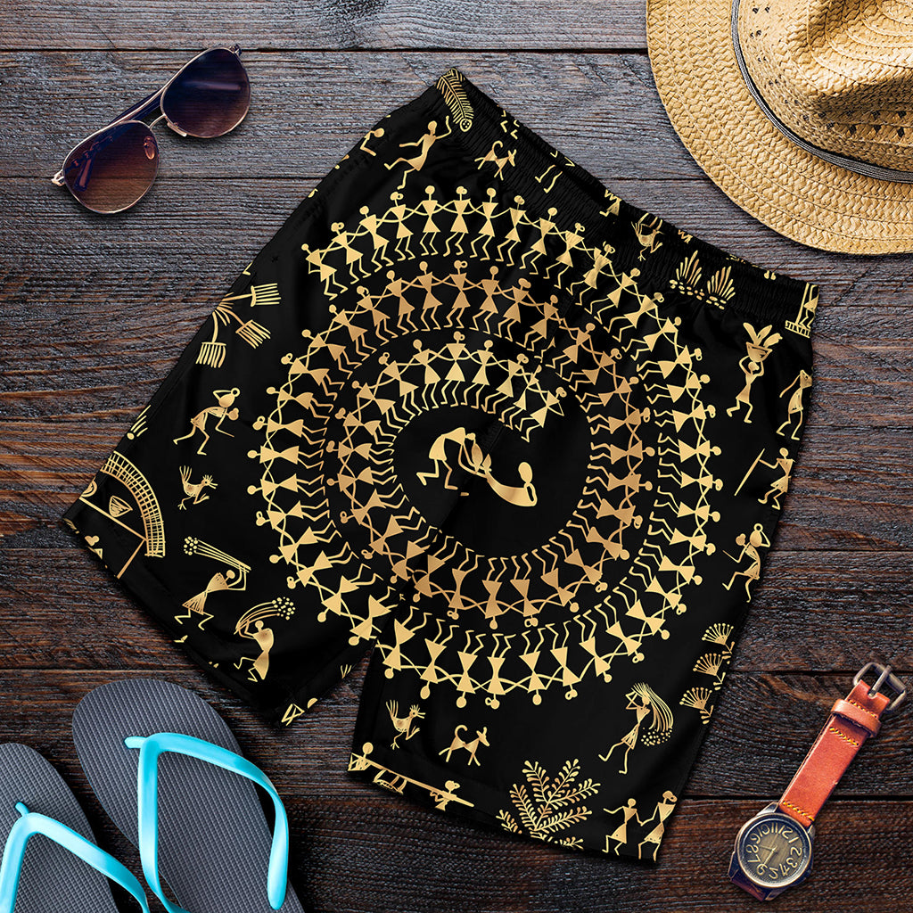 Black And Gold Warli Tribal Print Men's Shorts