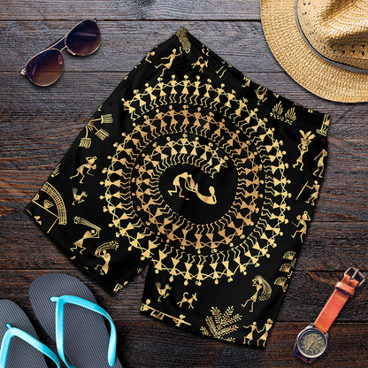 Black And Gold Warli Tribal Print Men's Shorts