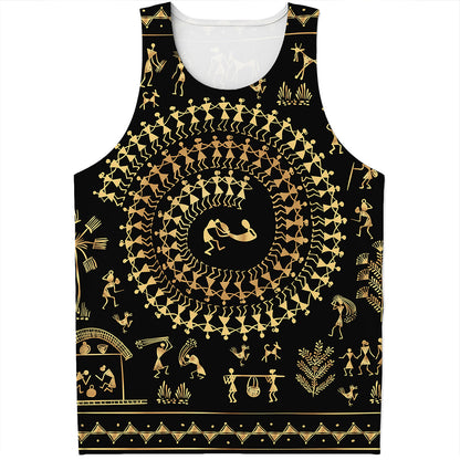 Black And Gold Warli Tribal Print Men's Tank Top