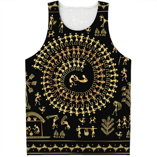 Black And Gold Warli Tribal Print Men's Tank Top