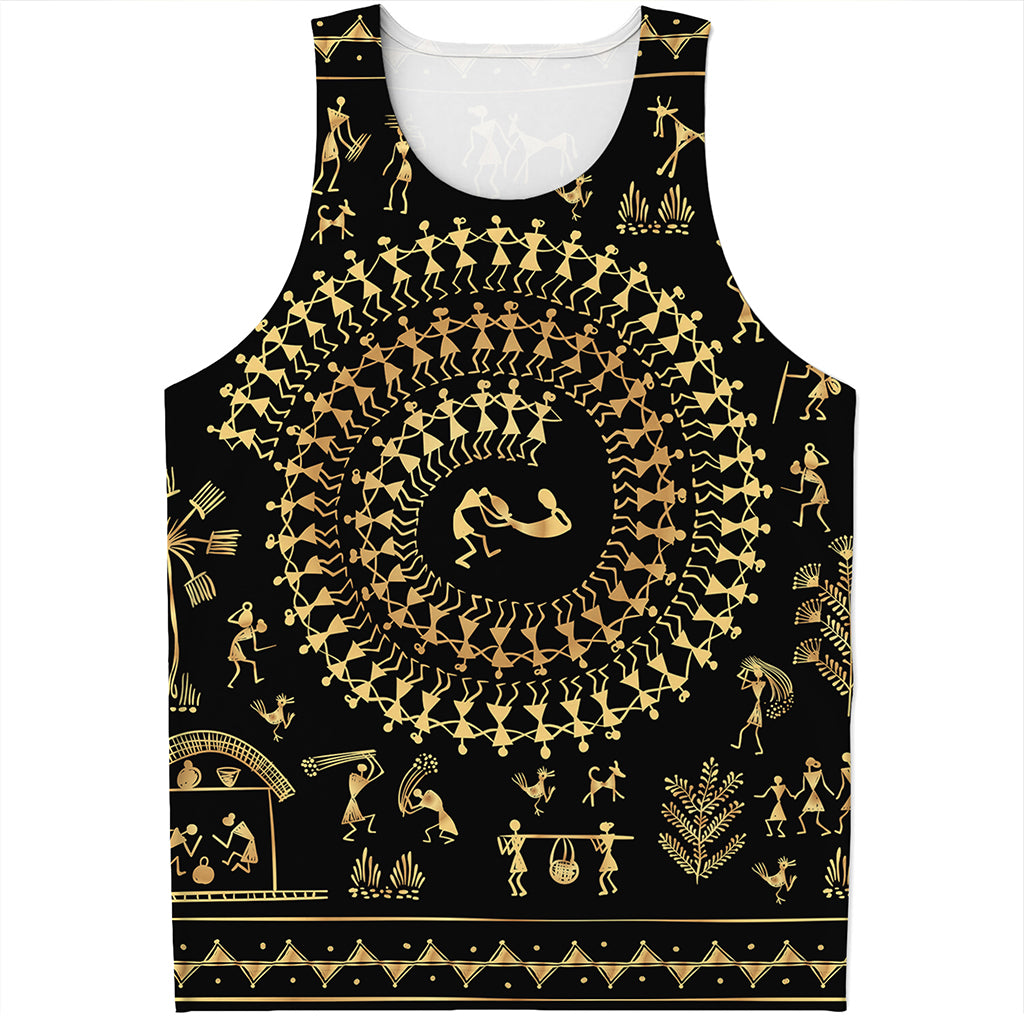 Black And Gold Warli Tribal Print Men's Tank Top