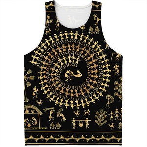 Black And Gold Warli Tribal Print Men's Tank Top