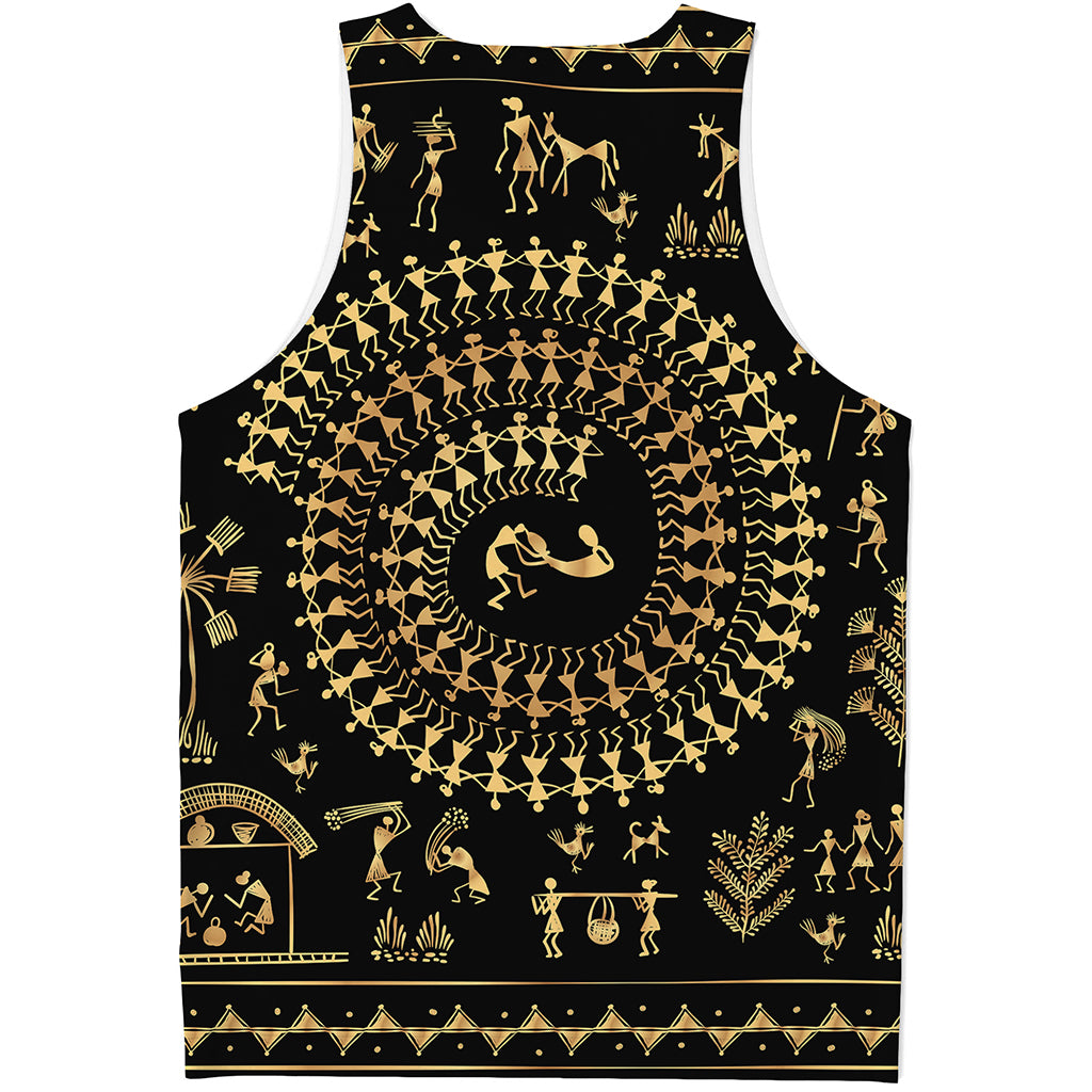 Black And Gold Warli Tribal Print Men's Tank Top