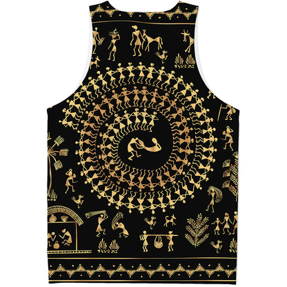 Black And Gold Warli Tribal Print Men's Tank Top