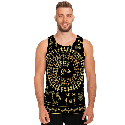 Black And Gold Warli Tribal Print Men's Tank Top