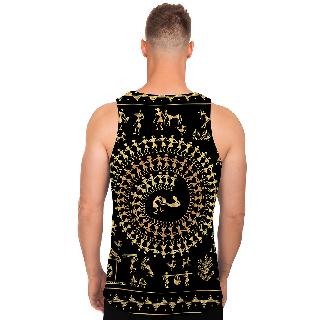 Black And Gold Warli Tribal Print Men's Tank Top