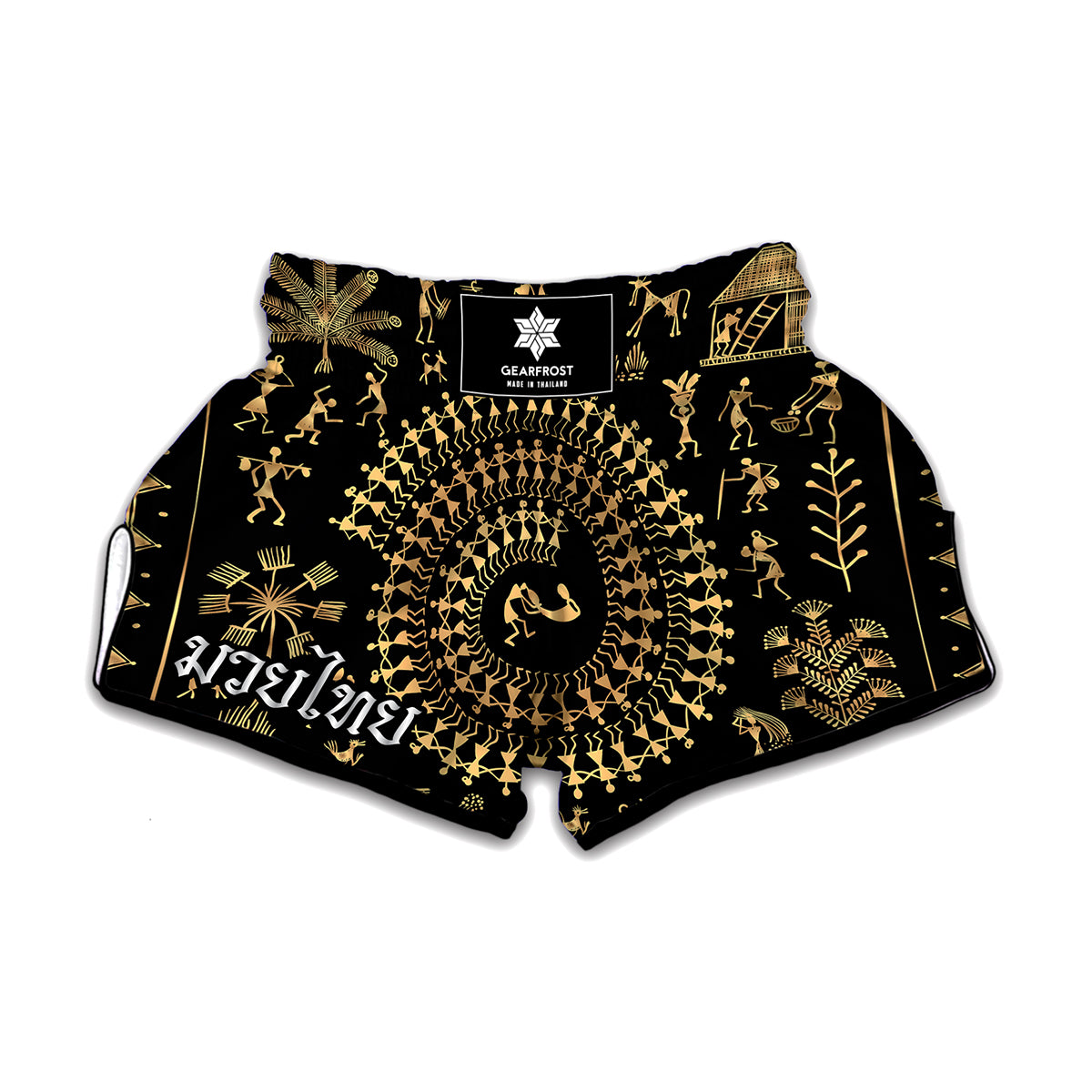 Black And Gold Warli Tribal Print Muay Thai Boxing Shorts