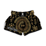 Black And Gold Warli Tribal Print Muay Thai Boxing Shorts