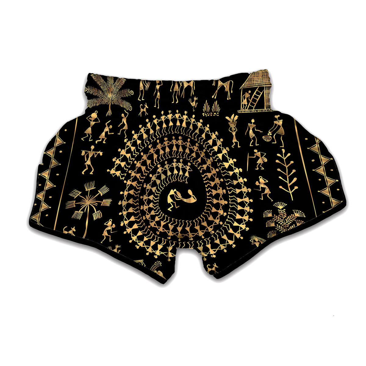 Black And Gold Warli Tribal Print Muay Thai Boxing Shorts