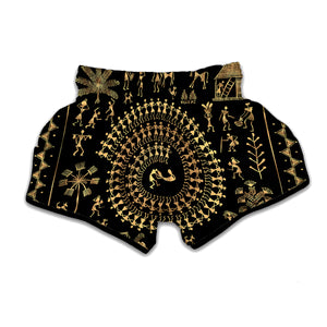 Black And Gold Warli Tribal Print Muay Thai Boxing Shorts