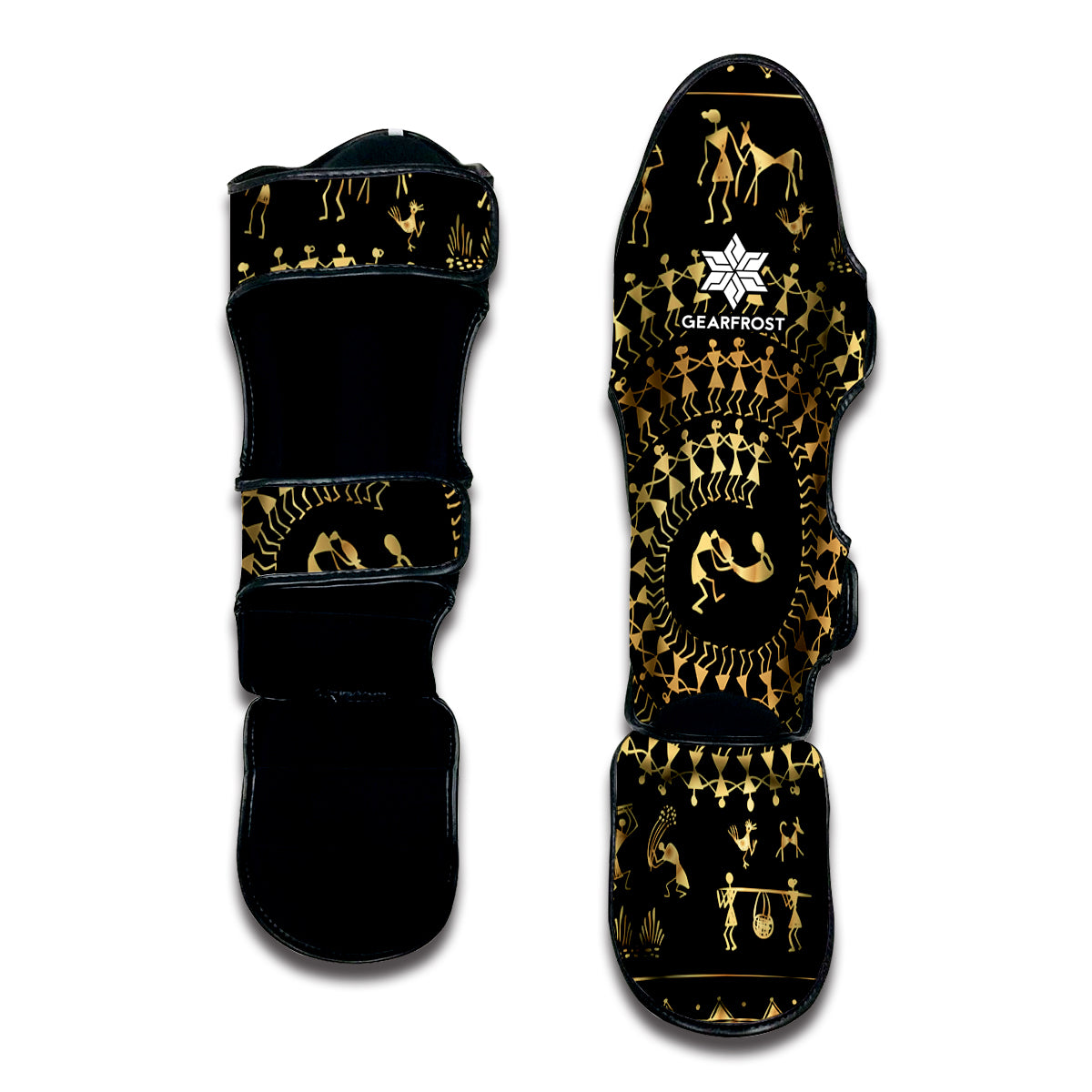 Black And Gold Warli Tribal Print Muay Thai Shin Guard