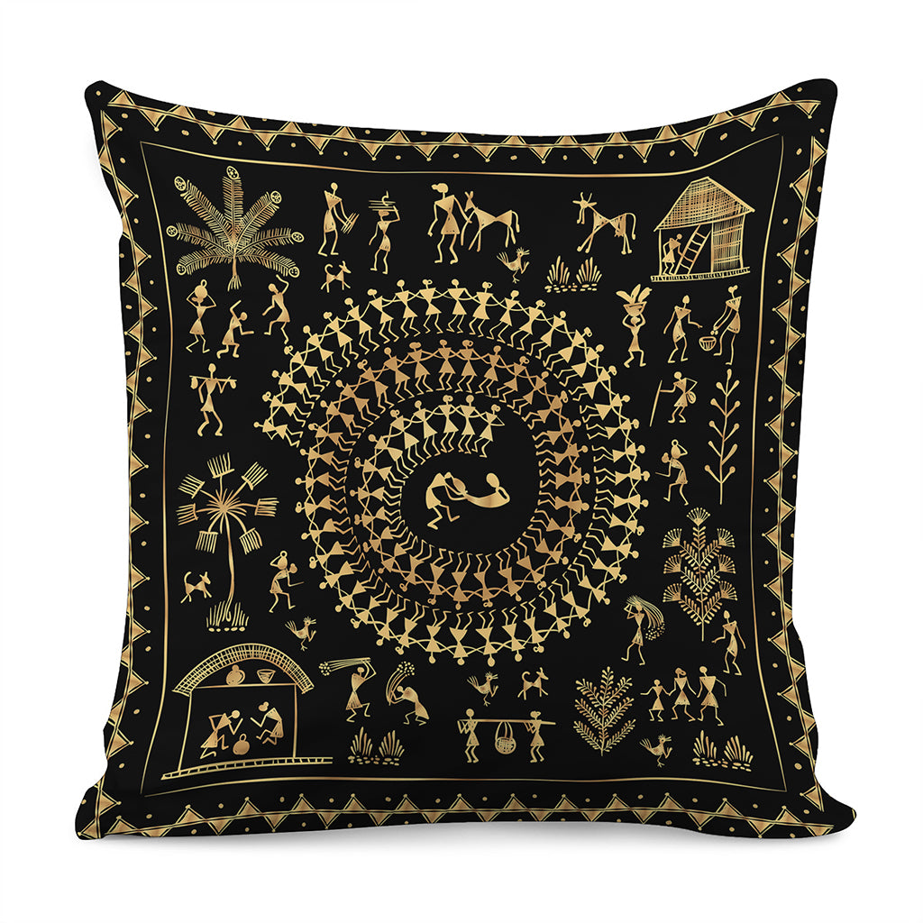 Black And Gold Warli Tribal Print Pillow Cover