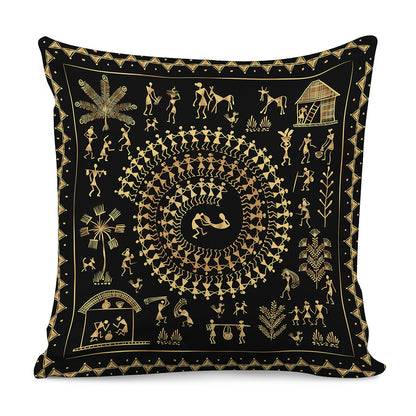 Black And Gold Warli Tribal Print Pillow Cover