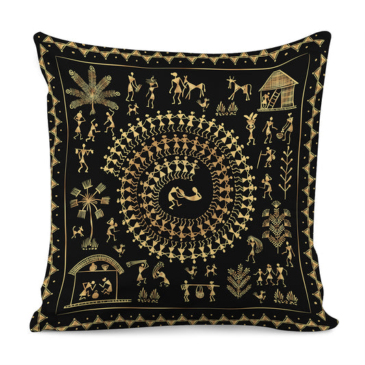 Black And Gold Warli Tribal Print Pillow Cover