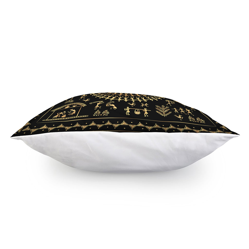 Black And Gold Warli Tribal Print Pillow Cover