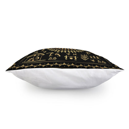 Black And Gold Warli Tribal Print Pillow Cover