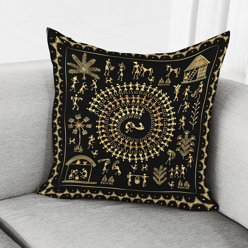 Black And Gold Warli Tribal Print Pillow Cover