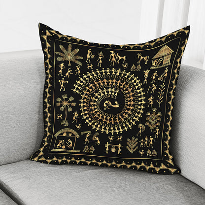 Black And Gold Warli Tribal Print Pillow Cover