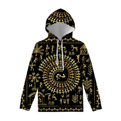 Black And Gold Warli Tribal Print Pullover Hoodie