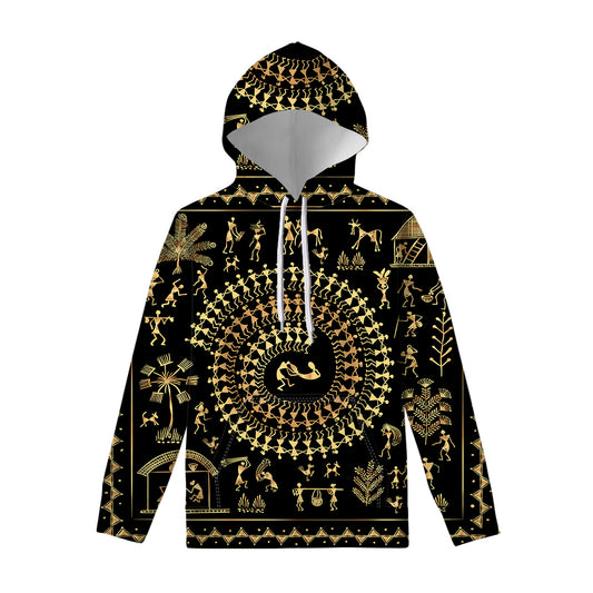 Black And Gold Warli Tribal Print Pullover Hoodie