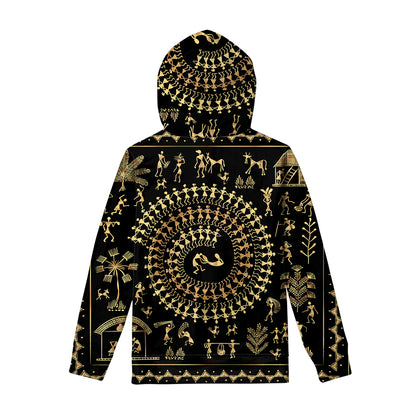 Black And Gold Warli Tribal Print Pullover Hoodie