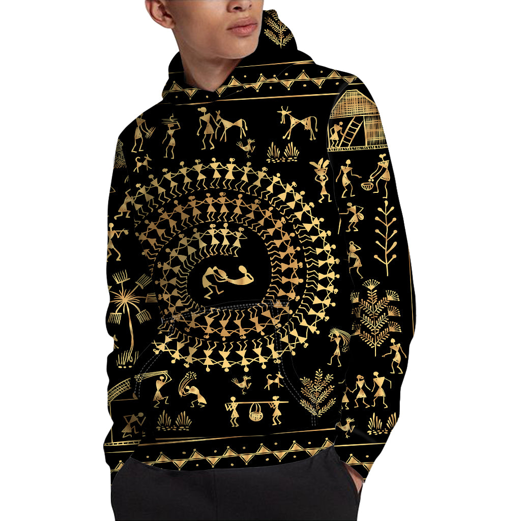 Black And Gold Warli Tribal Print Pullover Hoodie