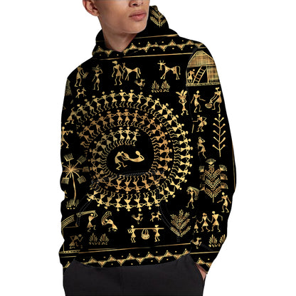 Black And Gold Warli Tribal Print Pullover Hoodie