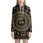 Black And Gold Warli Tribal Print Pullover Hoodie Dress