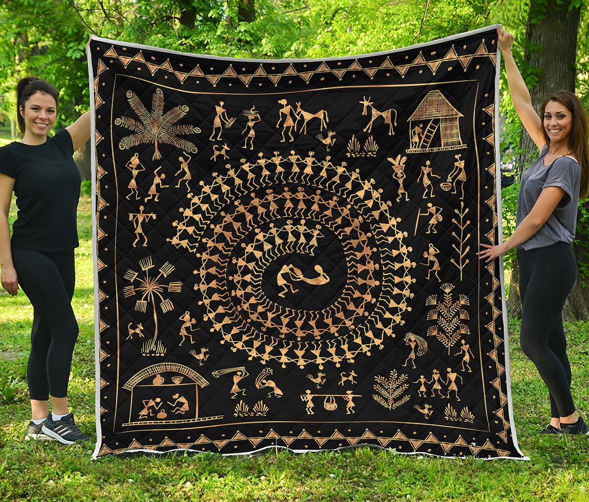 Black And Gold Warli Tribal Print Quilt