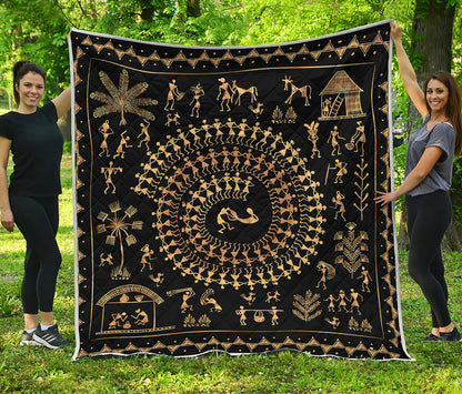 Black And Gold Warli Tribal Print Quilt