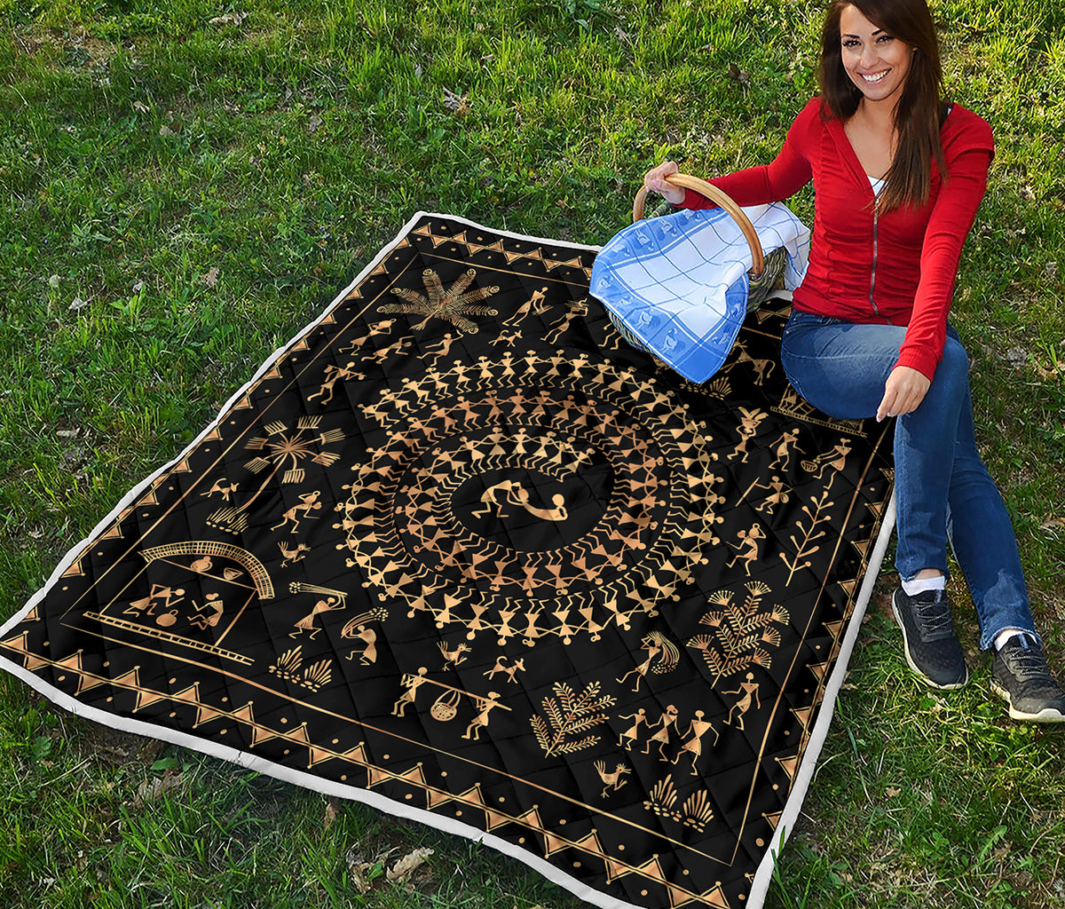 Black And Gold Warli Tribal Print Quilt