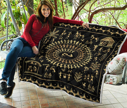 Black And Gold Warli Tribal Print Quilt