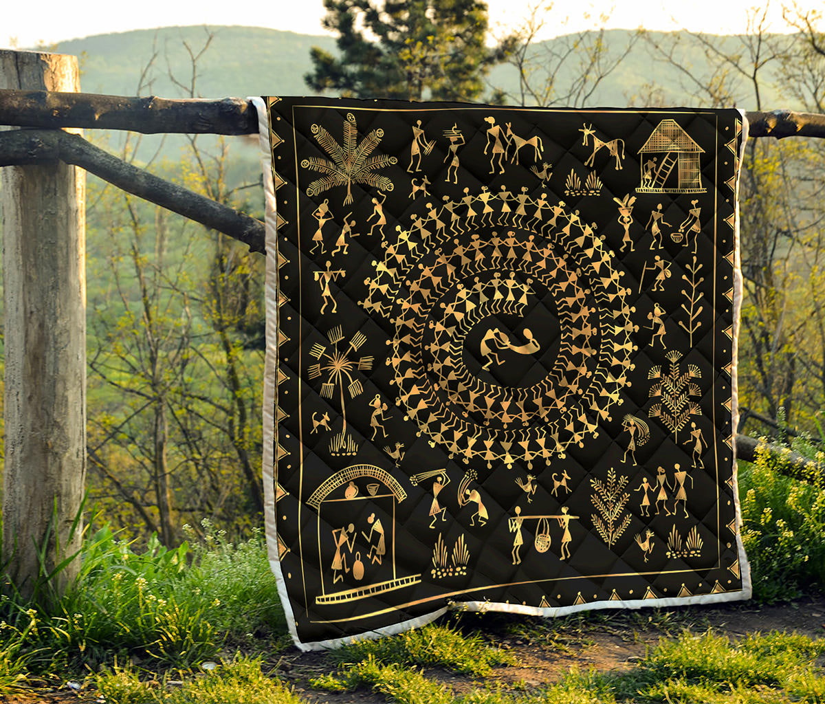 Black And Gold Warli Tribal Print Quilt