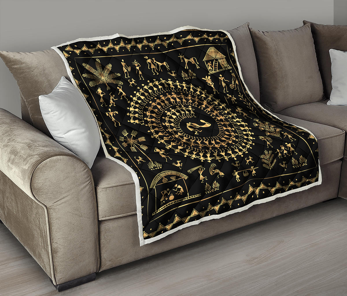 Black And Gold Warli Tribal Print Quilt