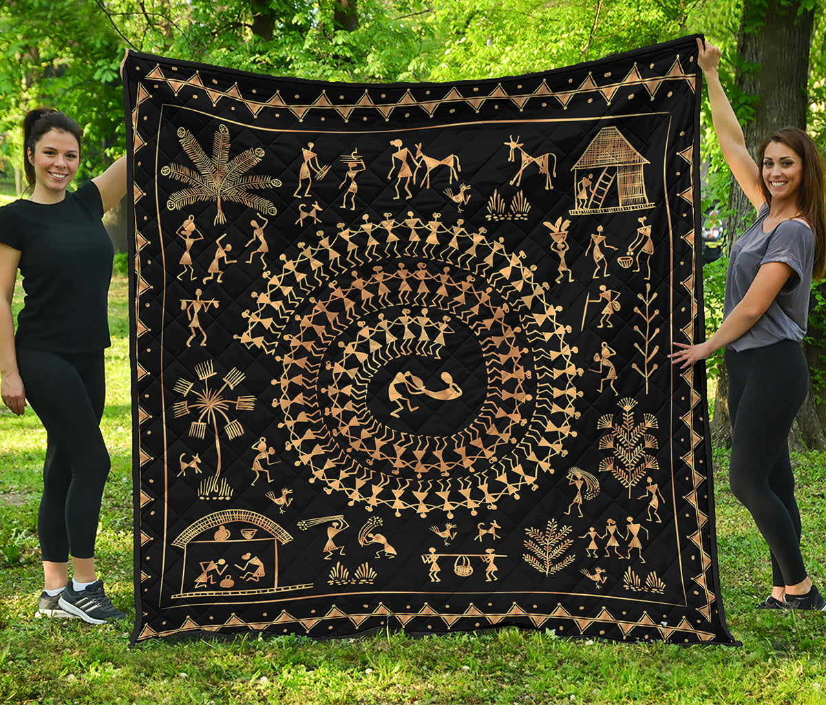Black And Gold Warli Tribal Print Quilt