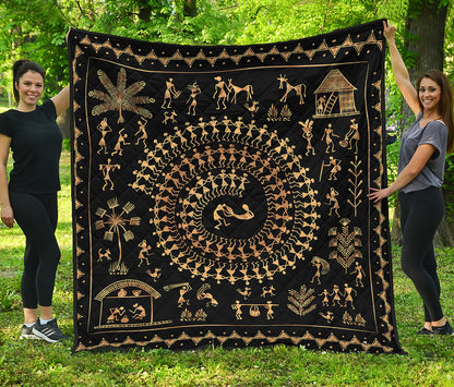 Black And Gold Warli Tribal Print Quilt