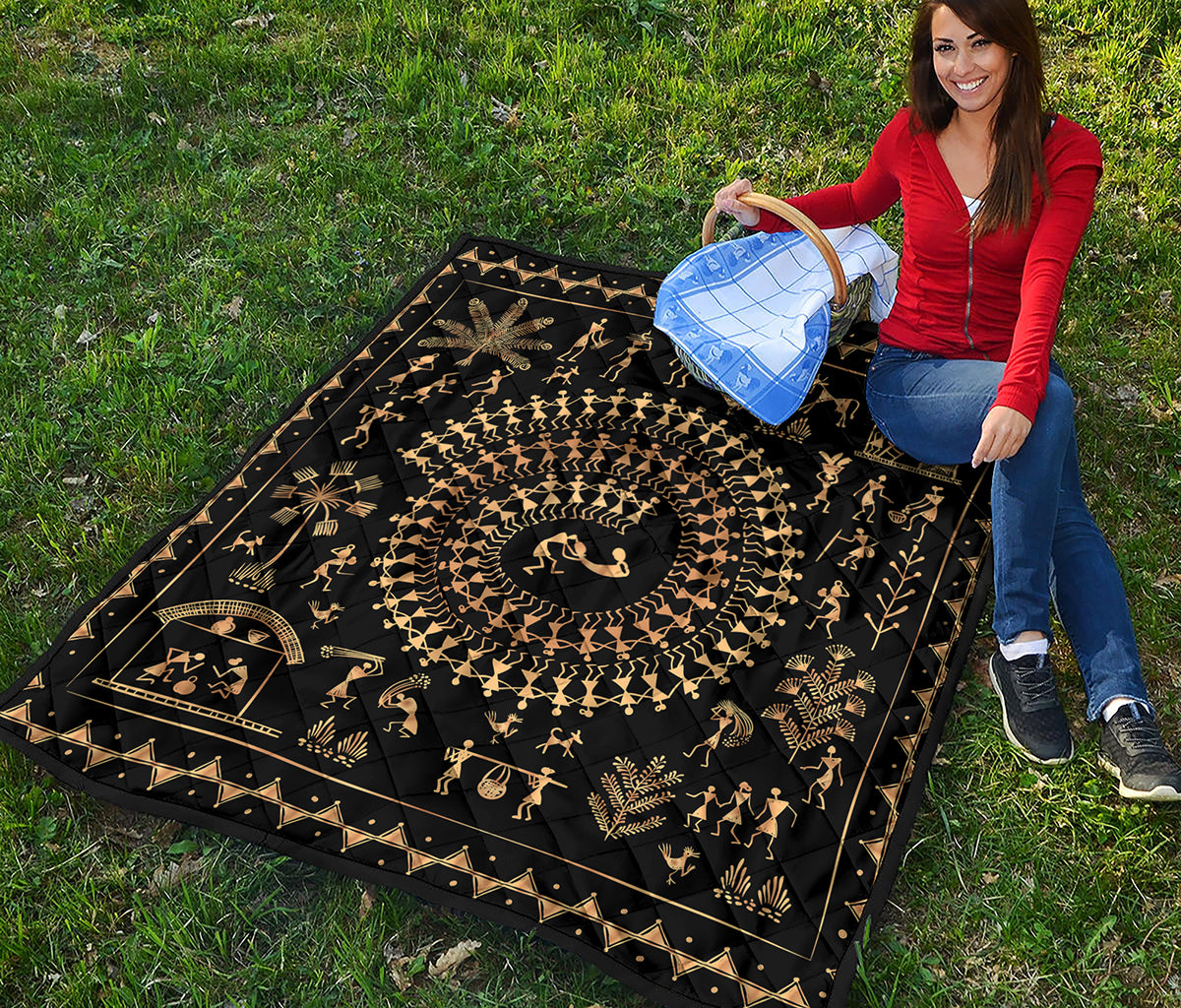 Black And Gold Warli Tribal Print Quilt