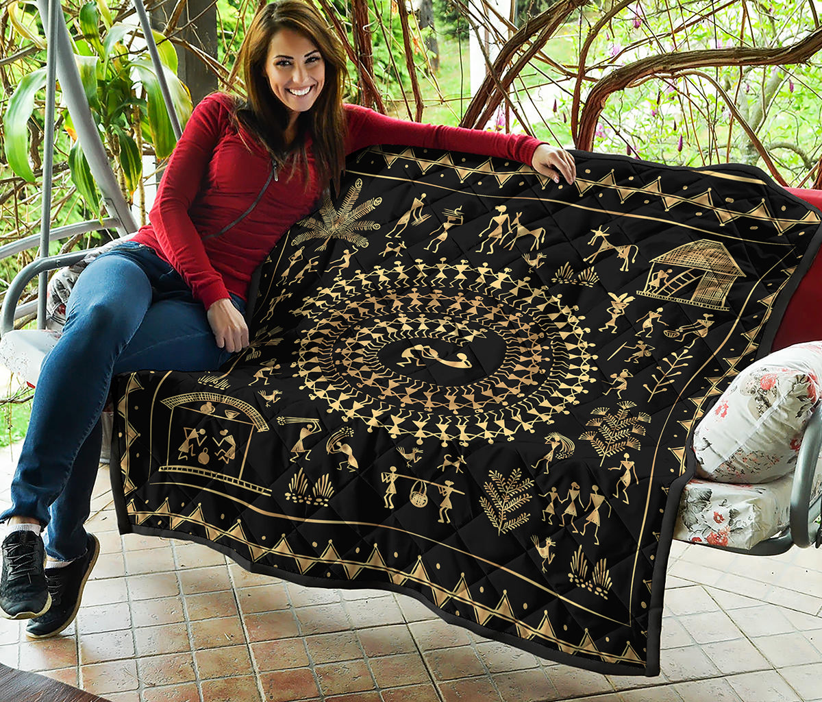 Black And Gold Warli Tribal Print Quilt