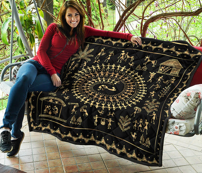 Black And Gold Warli Tribal Print Quilt