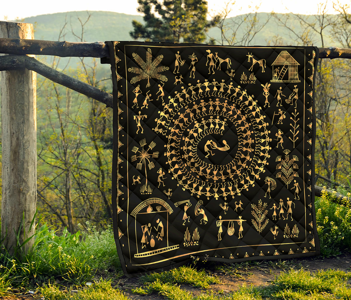 Black And Gold Warli Tribal Print Quilt