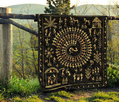 Black And Gold Warli Tribal Print Quilt