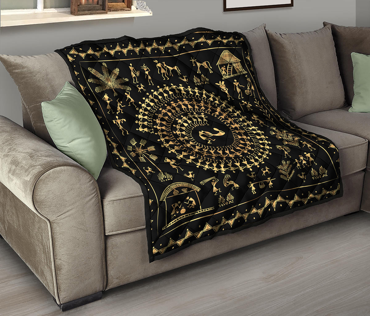 Black And Gold Warli Tribal Print Quilt