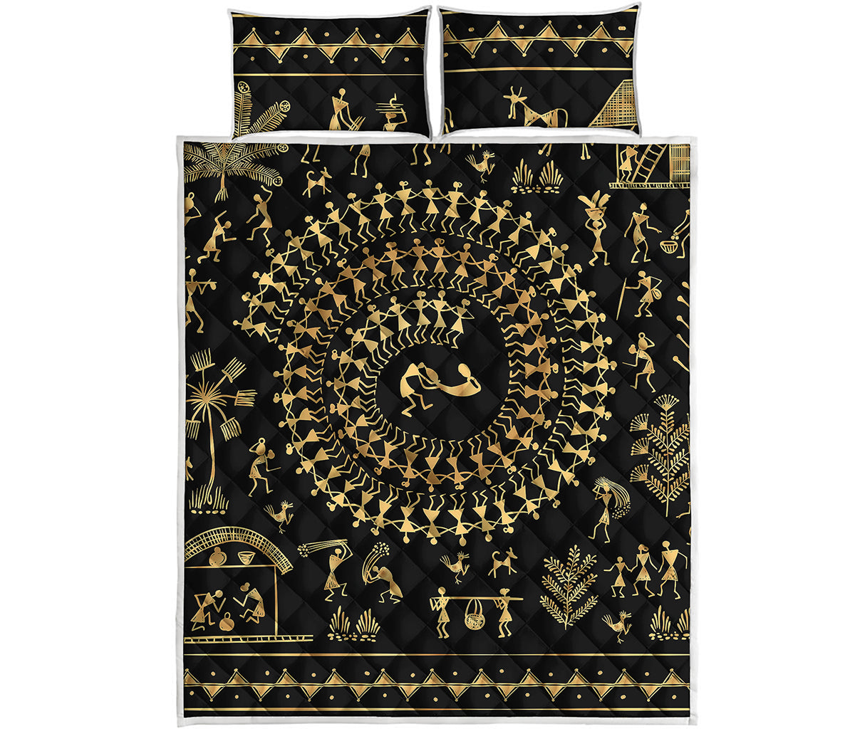 Black And Gold Warli Tribal Print Quilt Bed Set