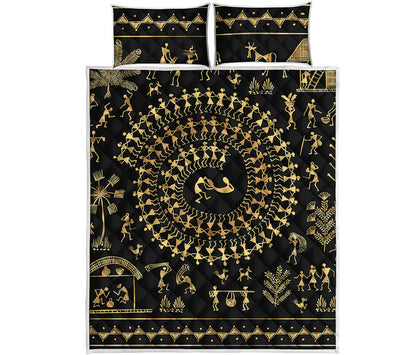 Black And Gold Warli Tribal Print Quilt Bed Set