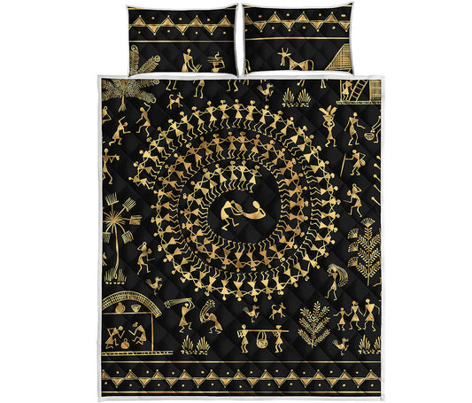 Black And Gold Warli Tribal Print Quilt Bed Set